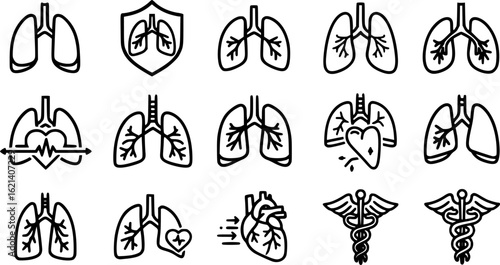 Black Line Lungs Icons Set including Flat Respiratory Organ Breathing and Medical Symbol Collection with Minimal Lung Icon Group for UI Web Healthcare Anatomy and Biology Projects