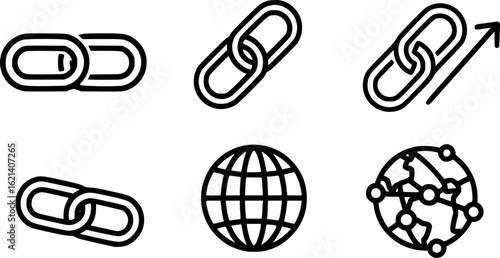 Black Line Link Icons Set including Flat Chain Connection Hyperlink and Web Symbol Collection with Minimal Link Icon Group for UI Web Network Attachment Communication and Media Projects
