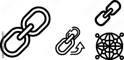 Black Line Link Icons Set including Flat Chain Connection Hyperlink and Web Symbol Collection with Minimal Link Icon Group for UI Web Network Attachment Communication and Media Projects