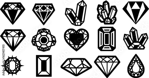 Black Line Gem Icons Set including Flat Diamond Crystal Jewel and Luxury Symbol Collection with Minimal Gemstone Icon Group for UI Web Jewelry Wealth Treasure and Decoration Projects