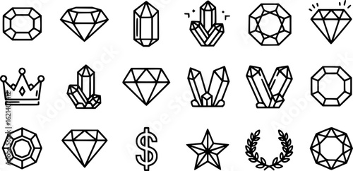 Black Line Gem Icons Set including Flat Diamond Crystal Jewel and Luxury Symbol Collection with Minimal Gemstone Icon Group for UI Web Jewelry Wealth Treasure and Decoration Projects
