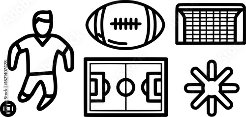 Black Line Football Icons Set including Flat Ball Player Goal Field and Game Symbol Collection with Minimal Football Icon Group for Sports UI Web Competition and Team Match Projects