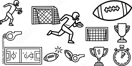 Black Line Football Icons Set including Flat Ball Player Goal Field and Game Symbol Collection with Minimal Football Icon Group for Sports UI Web Competition and Team Match Projects