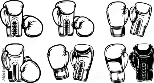 Boxing gloves vector set, sports icon collection, fitness symbol group, combat illustrations in flat and line style, martial arts equipment pack, training graphic bundle, fight gear kit