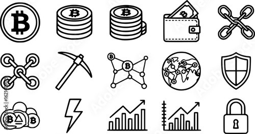 Bitcoin vector set, cryptocurrency icon collection, blockchain symbol group, digital currency illustrations in flat and line style, crypto graphic bundle, finance and investment design pack