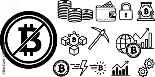 Bitcoin vector set, cryptocurrency icon collection, blockchain symbol group, digital currency illustrations in flat and line style, crypto graphic bundle, finance and investment design pack