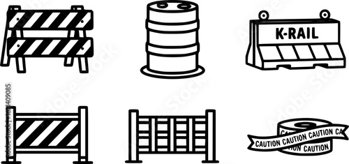 Barricades vector set, safety icon collection, construction symbol group, roadblock illustrations, barrier graphic bundle, caution design pack, traffic control elements and hazard icons