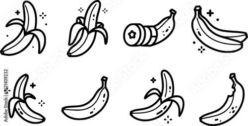Banana vector set, fruit icon collection, tropical symbol group, flat style illustrations of peeled and whole bananas, healthy food graphic bundle, organic snack elements for nutrition designs 