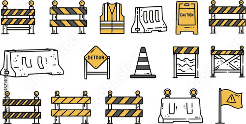 Barricades vector set, safety icon collection, construction symbol group, roadblock illustrations, barrier graphic bundle, caution design pack, traffic control elements and hazard icons