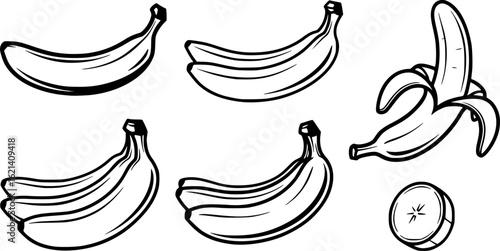 Banana vector set, fruit icon collection, tropical symbol group, flat style illustrations of peeled and whole bananas, healthy food graphic bundle, organic snack elements for nutrition designs 