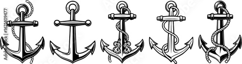 Anchor sea icon set. Marine in vintage style. Nautical anchors logo design. Vector illustration.
