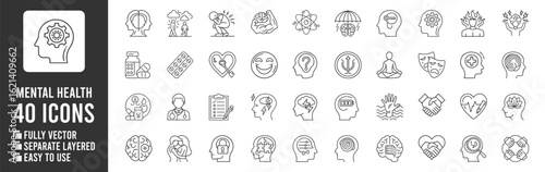 Mental Health and Psychology Icon Set Linear Design Representing Various Psychological Concepts and Emotional States | Ai Generated Icons