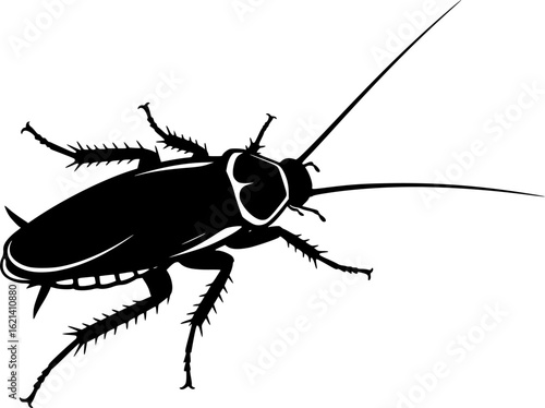 Cockroach silhouette. This image shows a black silhouette of a cockroach with detailed antennae, legs, and segmented body, symbolizing a common pest insect. Vector clipart illustration design
