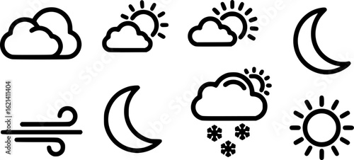 Weather forecast icon set. Clouds logo. Weather , clouds, sunny day, moon, snowflakes, wind, sun day. Vector illustration.
