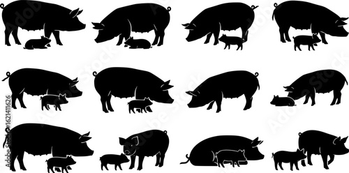 pig and piglet silhouette set. pig and piglet farm animal silhouette icon vector flat collection
