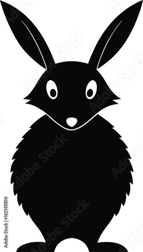Black silhouette of a cartoon rabbit with large ears and fluffy body bunny hare