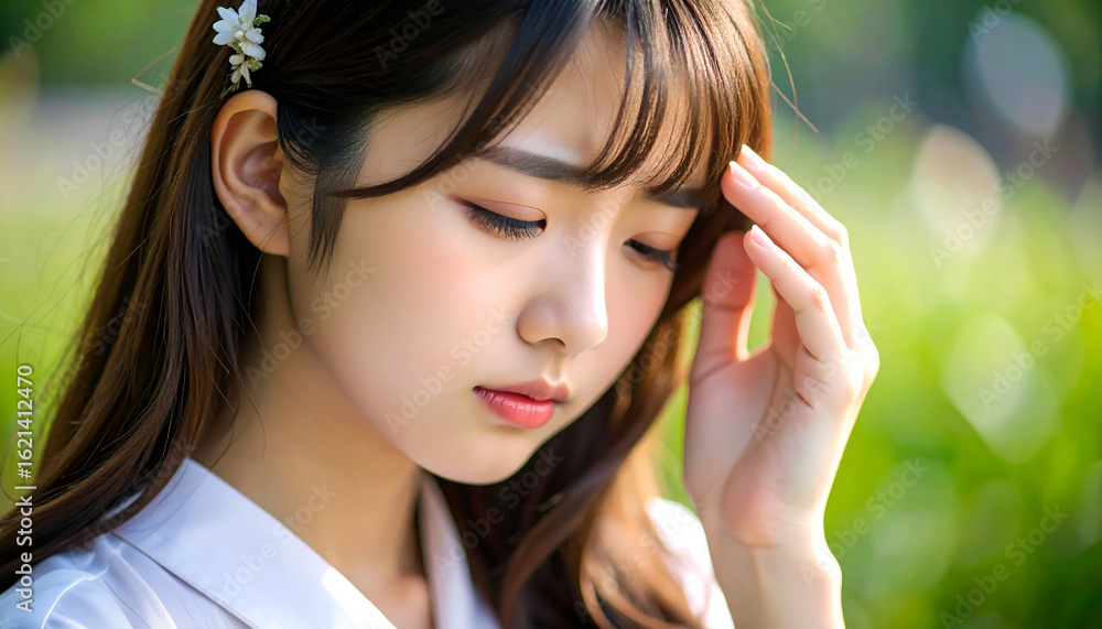 Fototapeta premium 頭痛 悩む 不安 若い女性