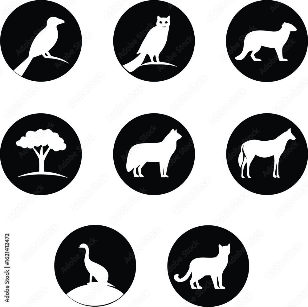 Collection of seven circular animal and nature silhouette icons wildlife Collection of seven circular animal and nature silhouette icons wildlife