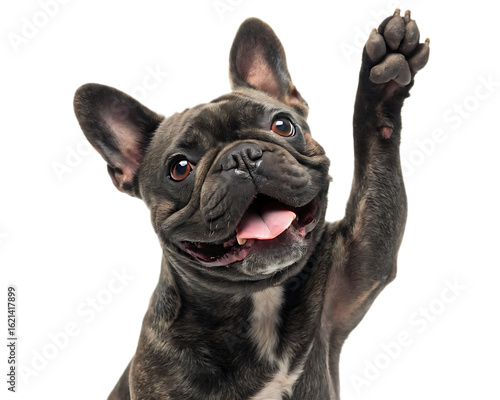 Close up of a brindle french bulldog with one ear up and paw raised on a transparent background