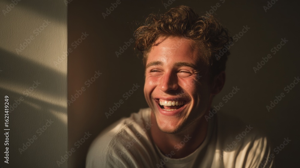 Fototapeta premium Radiant Joy: A Young Man Bathed in Sunlight, Expressing Genuine Happiness