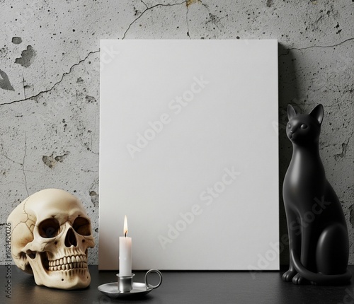 Mockup With Blank Canvas Leaning On Wall With Halloween Props Skull, Candle, Black Cat Figure