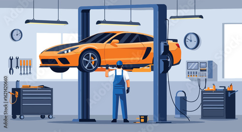 Flat illustration with transparent background of a car mechanic working under a vehicle lifted on a hydraulic ramp in a well-equipped auto repair shop. Ideal for service and maintenance themes