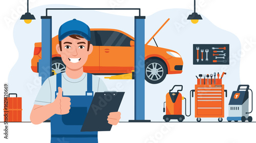 Adobe Illustrator Artwork Flat illustration with transparent background of a smiling mechanic giving a thumbs-up while holding a clipboard, with a car lifted on a hoist and a toolbox in a repair shop
