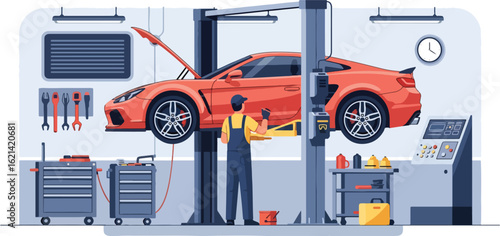 Flat illustration with transparent background of a car mechanic working under a vehicle lifted on a hydraulic ramp in a well-equipped auto repair shop. Ideal for service and maintenance themes