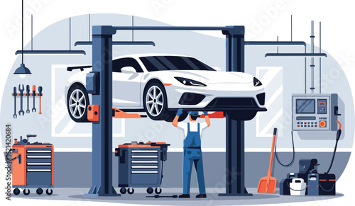 Flat illustration with transparent background of a car mechanic working under a vehicle lifted on a hydraulic ramp in a well-equipped auto repair shop. Ideal for service and maintenance themes