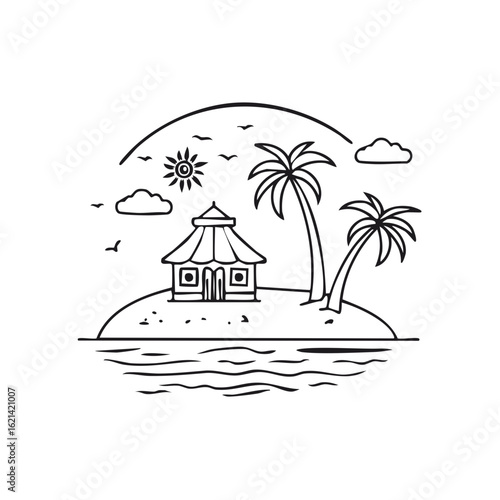 Line art doodle of a tropical island paradise with a beach hut and palm trees