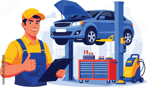 Adobe Illustrator Artwork Flat illustration with transparent background of a smiling mechanic giving a thumbs-up while holding a clipboard, with a car lifted on a hoist and a toolbox in a repair shop