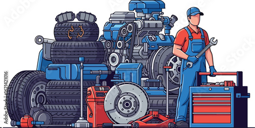 Flat illustration of a mechanic in overalls and a cap holding a wrench, standing beside car parts, tires, engine, tools, and equipment in an auto repair shop. transparent background