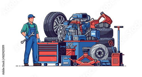 Flat illustration of a mechanic in overalls and a cap holding a wrench, standing beside car parts, tires, engine, tools, and equipment in an auto repair shop. transparent background