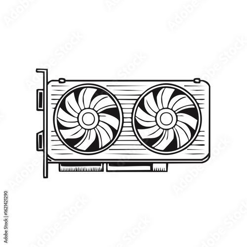Modern dual fan graphics card computer component line art illustration