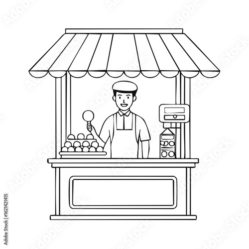 Line art illustration of vendor selling round snacks at marketplace stall with awning, scale, and signboard