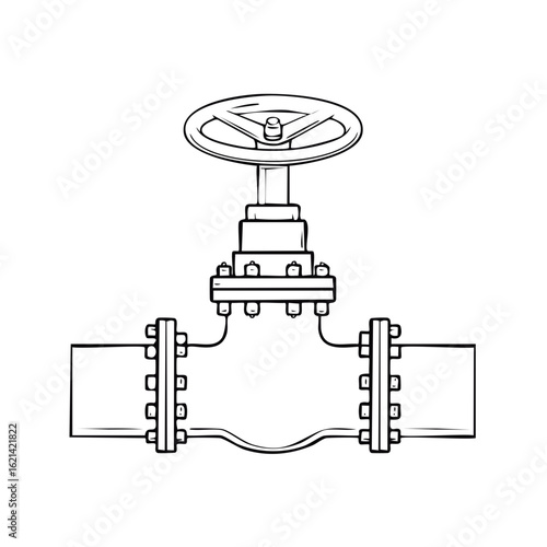 Industrial pipeline valve with handwheel technical drawing illustration