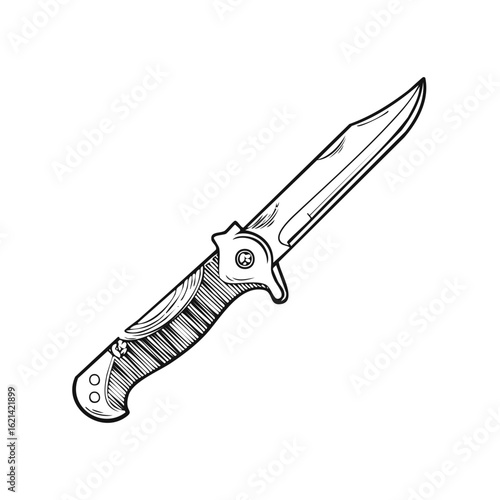 Sharp folding knife with a detailed handle, hand-drawn illustration