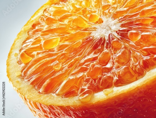 Juicy orange slice, close-up, studio shot, bright background, food advertising