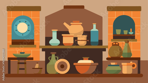 A section of the workshop dedicated to pottery with a variety of clay and pottery wheels.