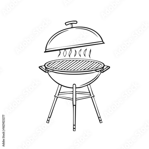 Kettle barbecue grill with open lid and rising steam line art illustration