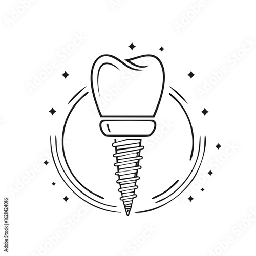 Stylized dental implant with tooth crown and screw line art icon for dentistry