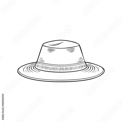 Line drawing of a classic fedora hat with brim, simple design