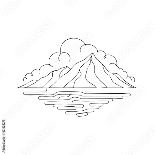 Mountain Peaks Reflected on Water with Clouds Above in Black and White Line Art