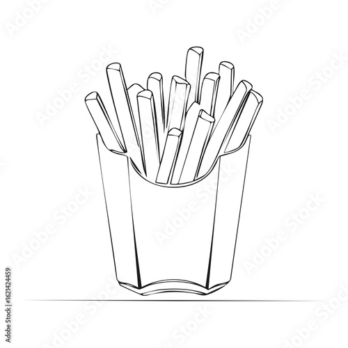 Outlined French Fries in a Cardboard Container, Illustration Style with a White Background