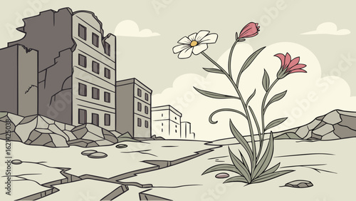 Resilient Wildflowers Growing Through Ruins in Urban Landscape Illustrating Nature's Persistence