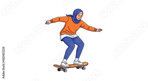Young Woman Skateboarding in Sportswear