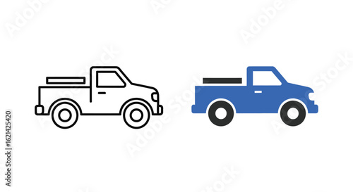 Pickup Truck Icon: Line and Colored Versions