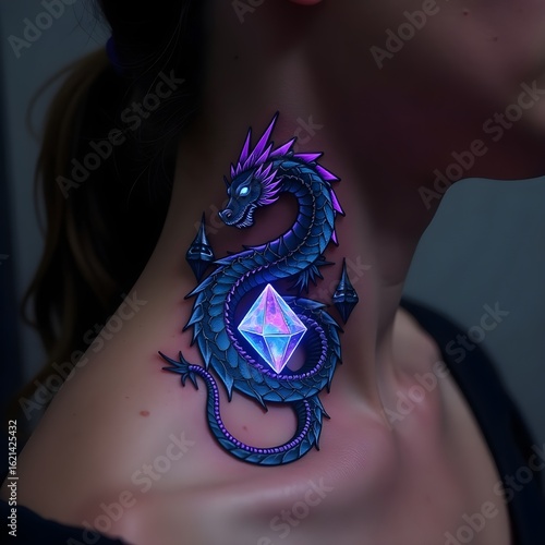 Neon Dragon Neck Tattoo with Glowing Crystal