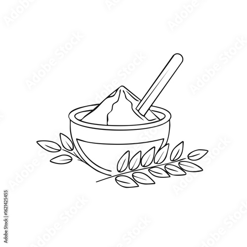 Simple line art drawing of a bowl filled with flour a scoop and natural cereal grains