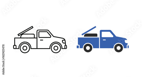 Pickup Truck Icon: Line and Colored Versions